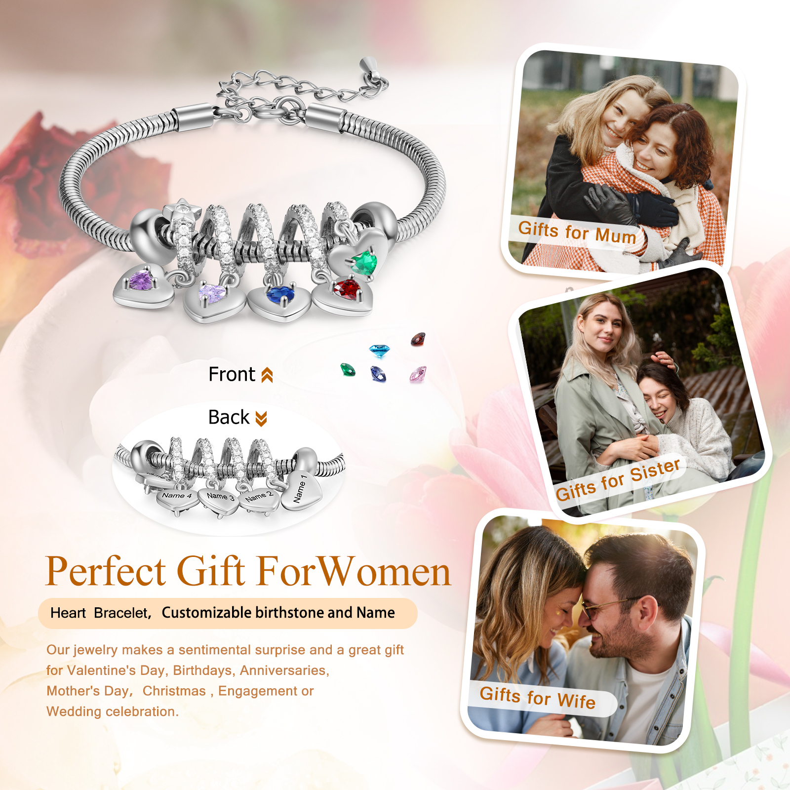 Personalised Women's Birthstone Bracelet �C Customised with 5 Names & 5 Birthstones, Heart Pendant Design, Special Gift for Her | Jessemade