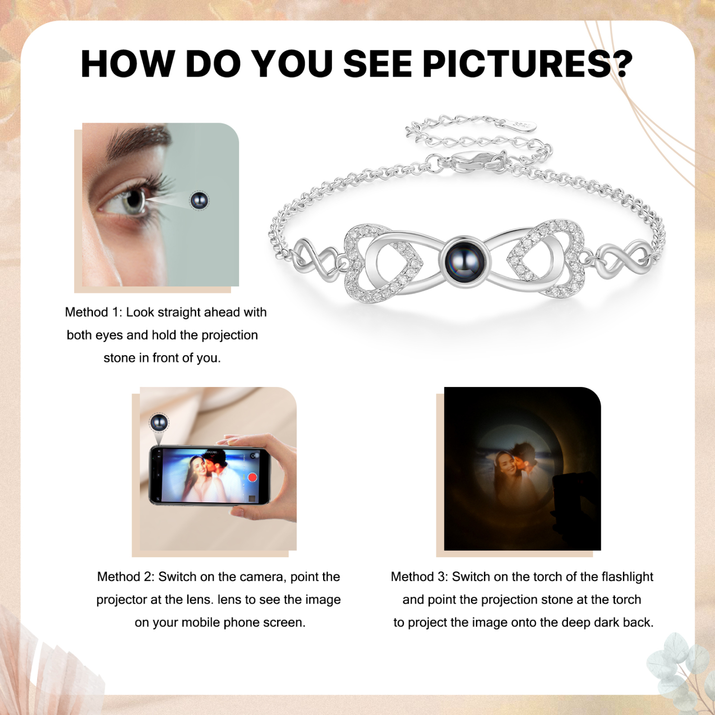 Personalized Projection Bracelet Custom 1 Photo Infinity & Heart Design 3 Colors Gift for Her | Lorajewel