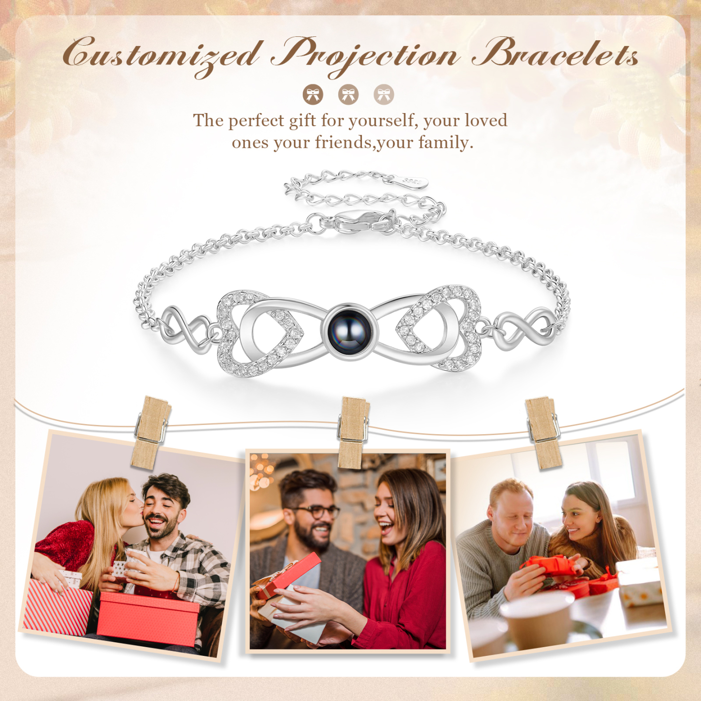 Personalized Projection Bracelet Custom 1 Photo Infinity & Heart Design 3 Colors Gift for Her | Lorajewel