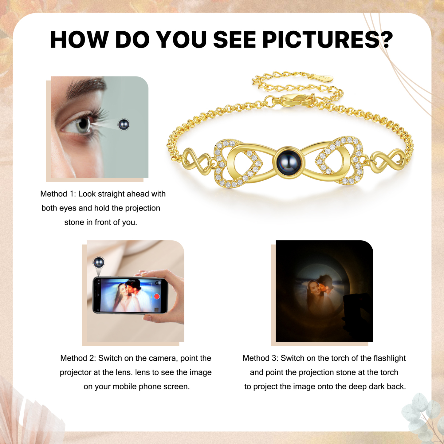 Personalized Projection Bracelet Custom 1 Photo Infinity & Heart Design 3 Colors Gift for Her | Lorajewel