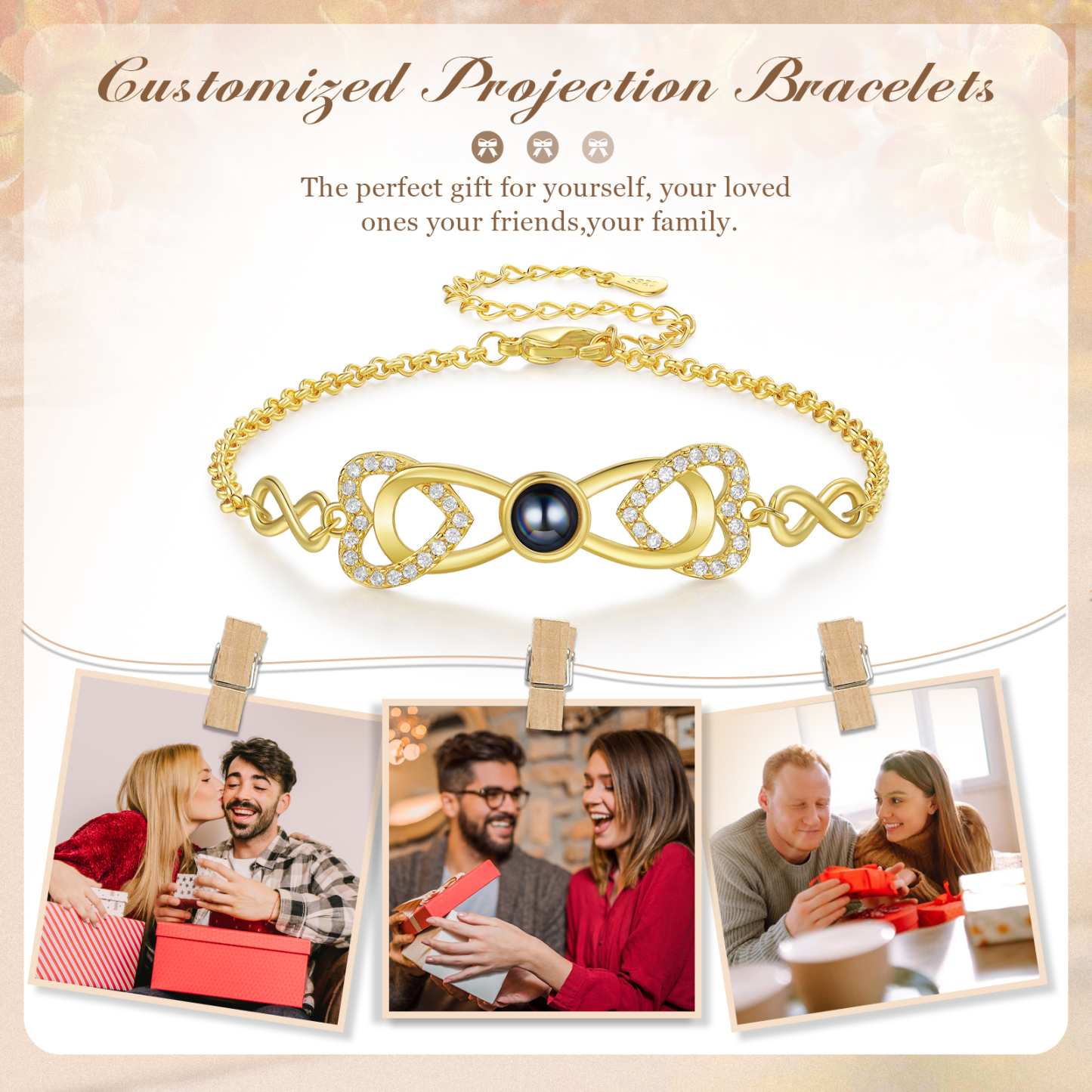 Personalized Projection Bracelet Custom 1 Photo Infinity & Heart Design 3 Colors Gift for Her | Lorajewel