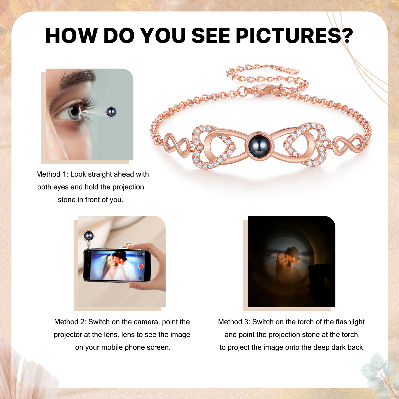 Personalized Projection Bracelet Custom 1 Photo Infinity & Heart Design 3 Colors Gift for Her | Lorajewel