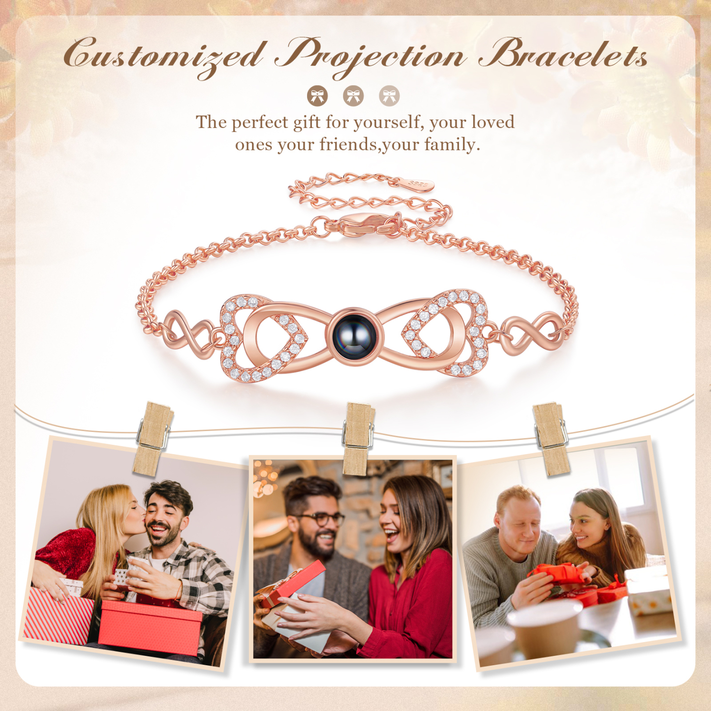 Personalized Projection Bracelet Custom 1 Photo Infinity & Heart Design 3 Colors Gift for Her | Lorajewel
