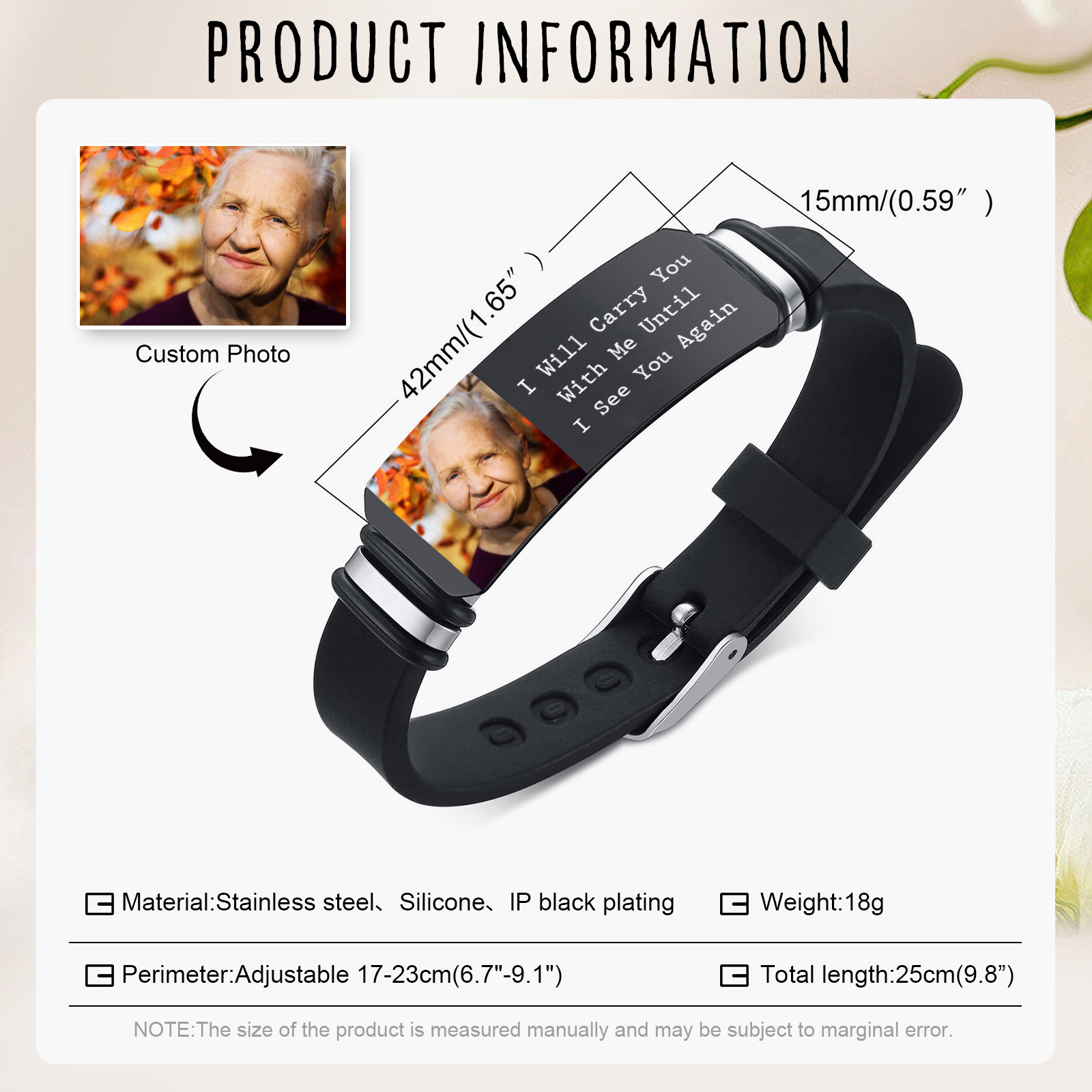 I Will Carry You With Me Until I See You Again Customized Memorial Bracelet A Photo to Keep Their Memory Alive