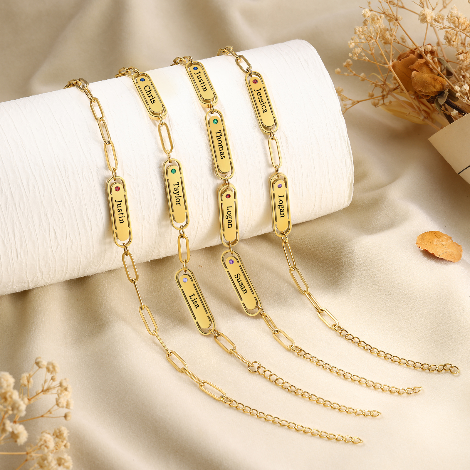 Personalized 1 Name and 1 Birthstone Bracelet Engraved Charm Bracelet with a Dainty Paperclip Chain Elegant Engraved Gift for Her