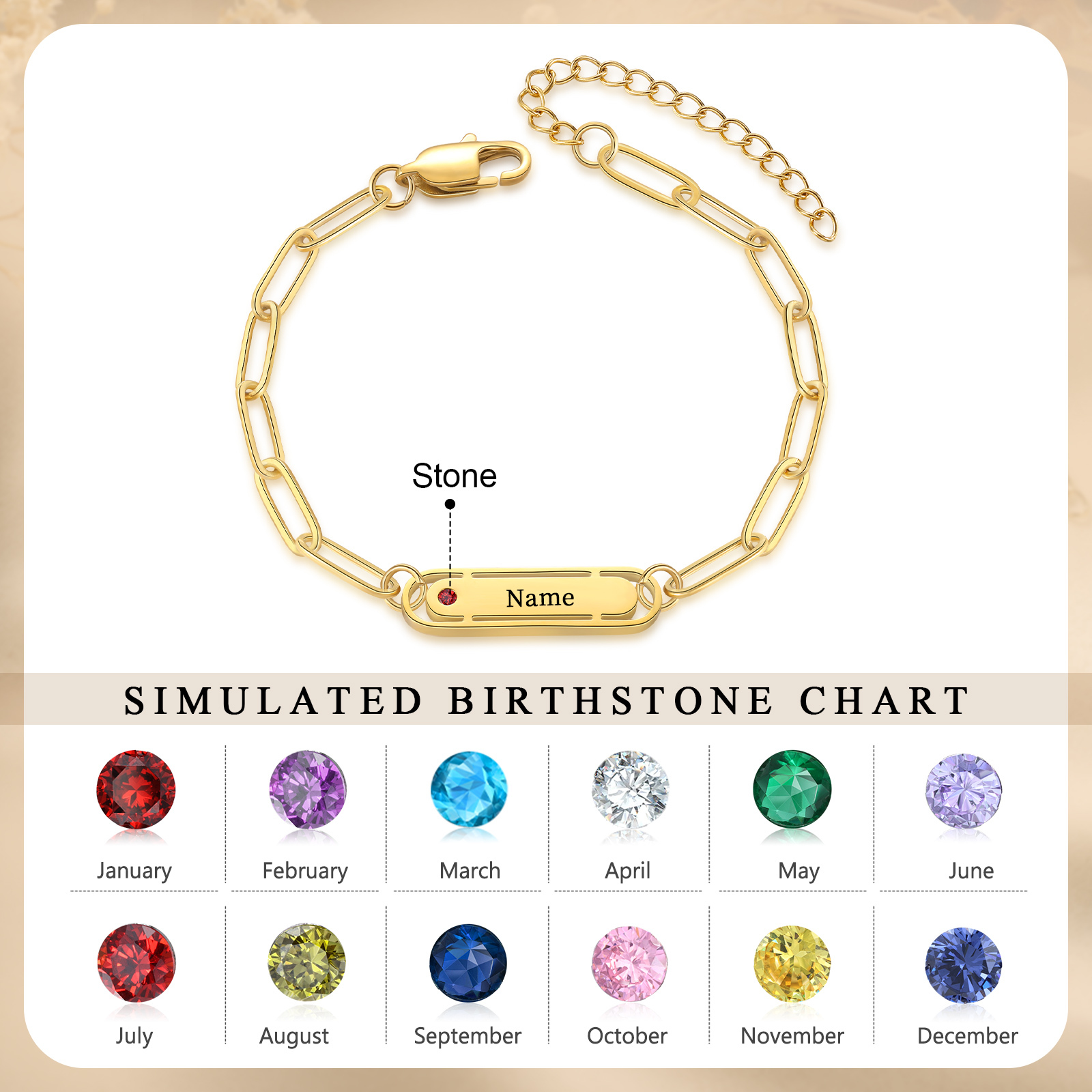 Personalized 1 Name and 1 Birthstone Bracelet Engraved Charm Bracelet with a Dainty Paperclip Chain Elegant Engraved Gift for Her