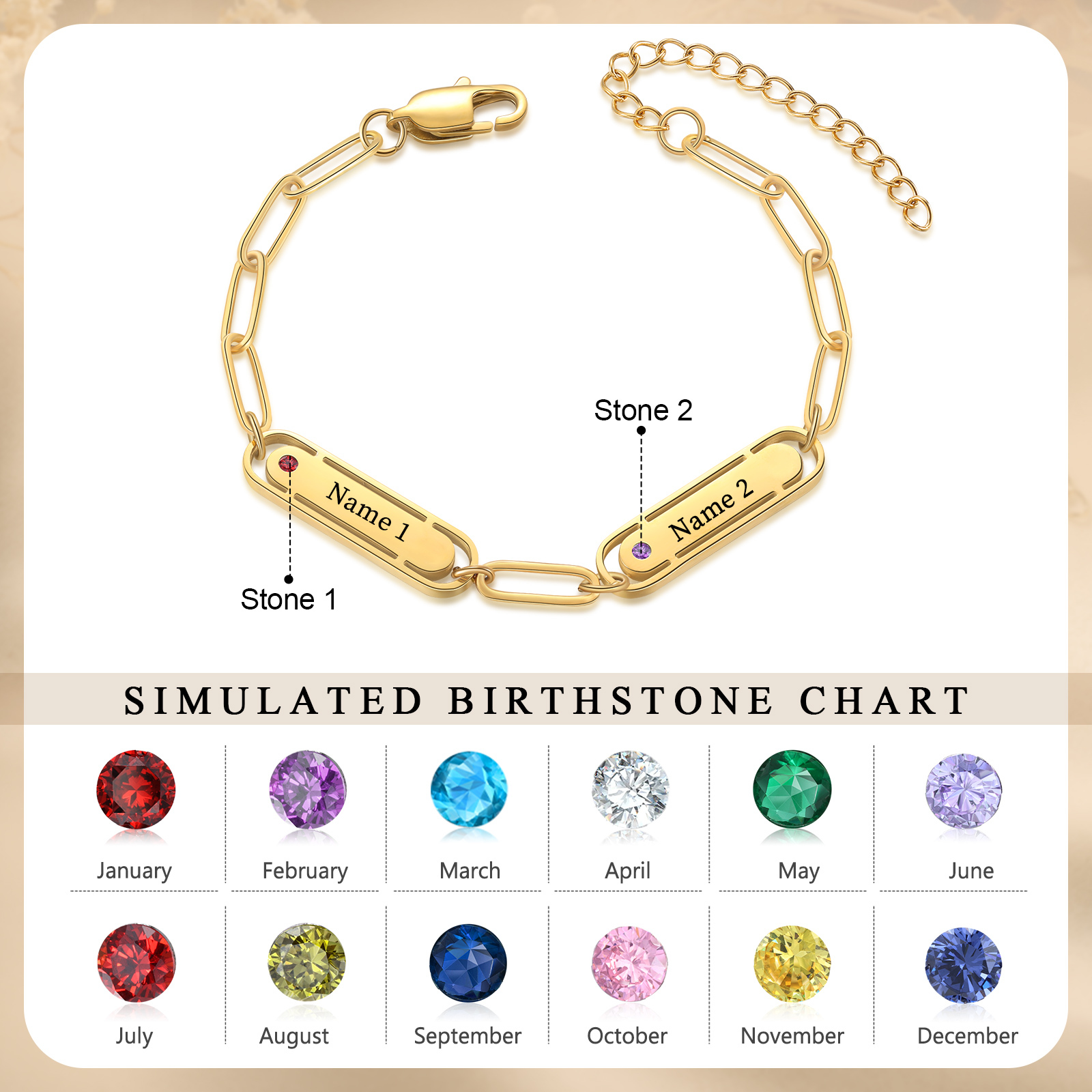 Personalized 2 Names and 2 Birthstones Bracelet Engraved Charm Bracelet with a Dainty Paperclip Chain Elegant Engraved Gift for Her