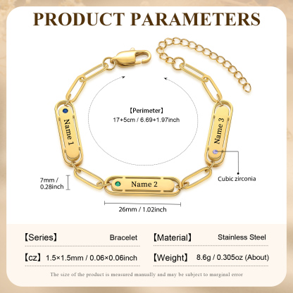 Personalized 3 Names and 3 Birthstones Bracelet Engraved Charm Bracelet with a Dainty Paperclip Chain Elegant Engraved Gift for Her