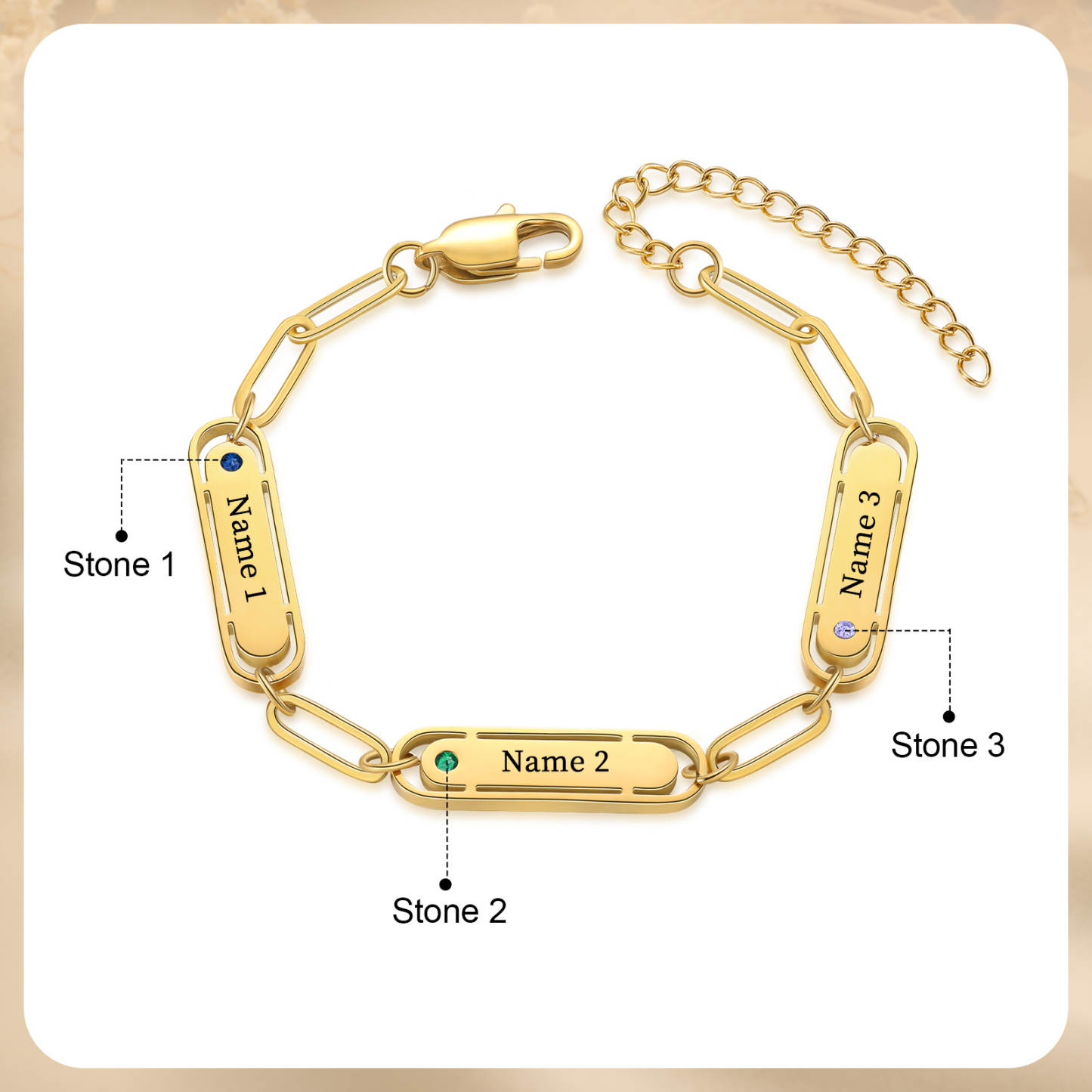 Personalized 3 Names and 3 Birthstones Bracelet Engraved Charm Bracelet with a Dainty Paperclip Chain Elegant Engraved Gift for Her