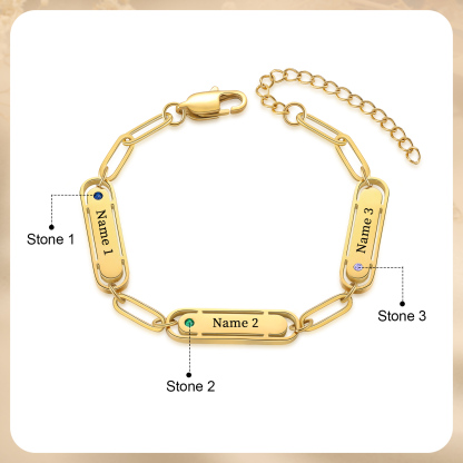 Personalized 3 Names and 3 Birthstones Bracelet Engraved Charm Bracelet with a Dainty Paperclip Chain Elegant Engraved Gift for Her