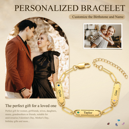 Personalized 3 Names and 3 Birthstones Bracelet Engraved Charm Bracelet with a Dainty Paperclip Chain Elegant Engraved Gift for Her