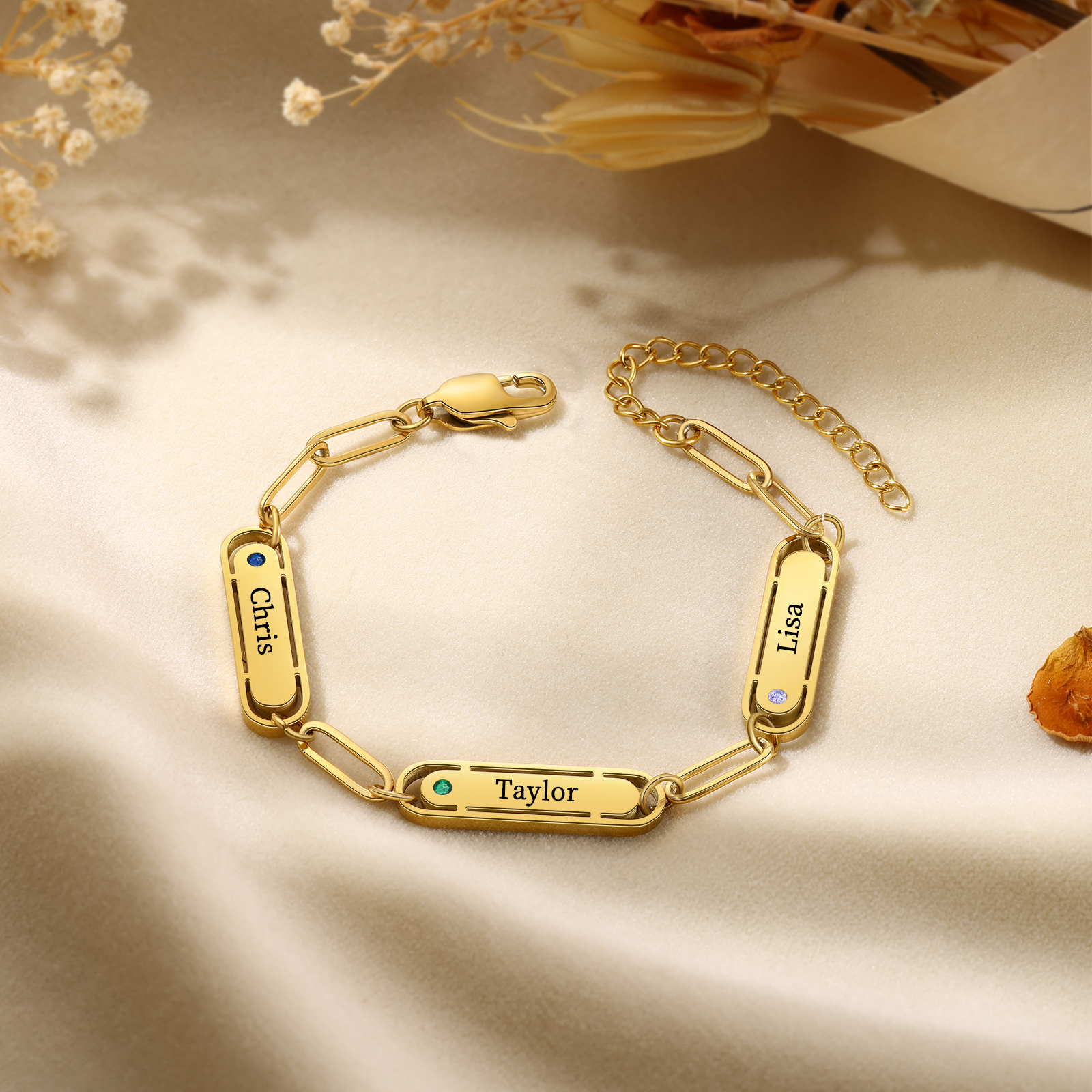 Personalized 3 Names and 3 Birthstones Bracelet Engraved Charm Bracelet with a Dainty Paperclip Chain Elegant Engraved Gift for Her