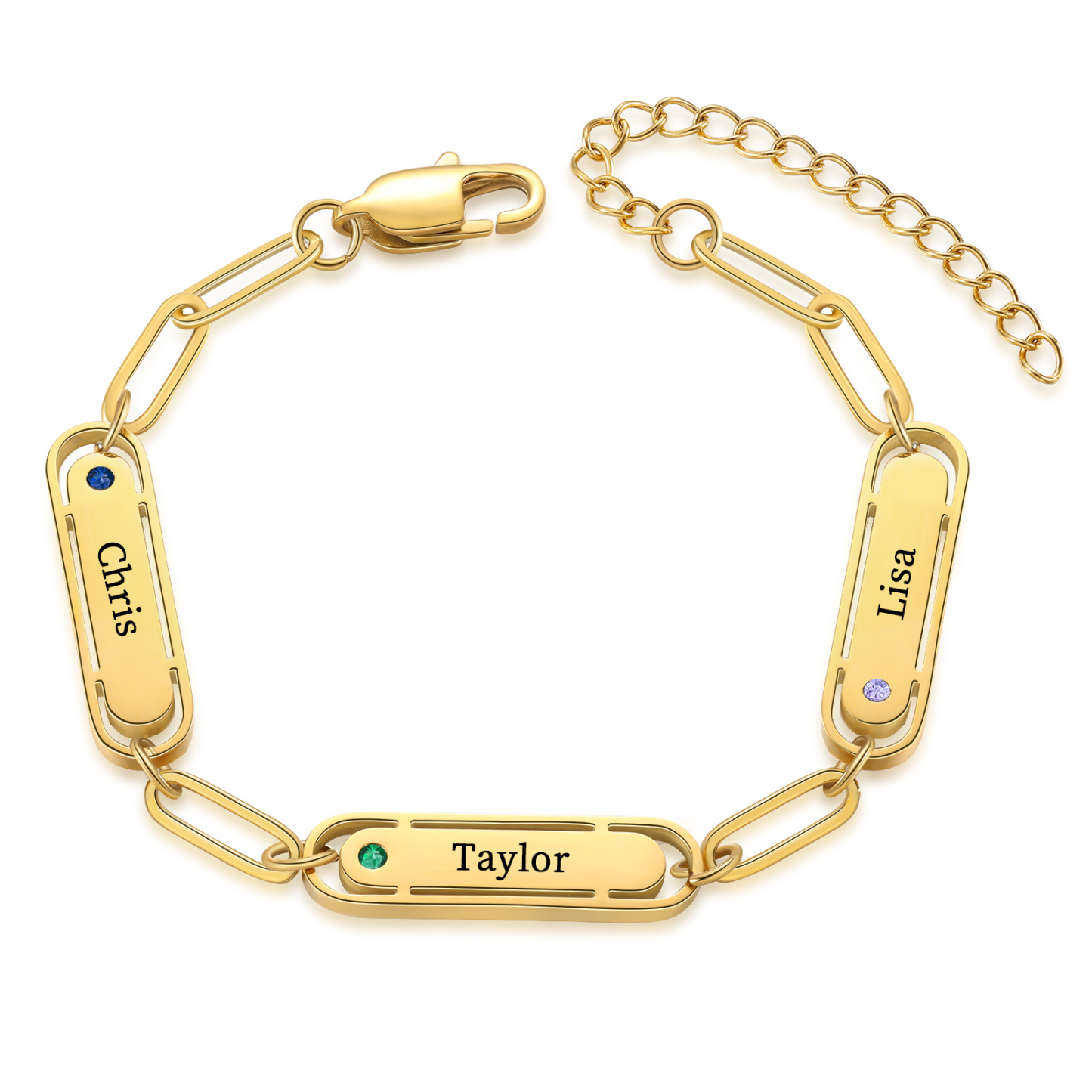 Personalized 3 Names and 3 Birthstones Bracelet Engraved Charm Bracelet with a Dainty Paperclip Chain Elegant Engraved Gift for Her