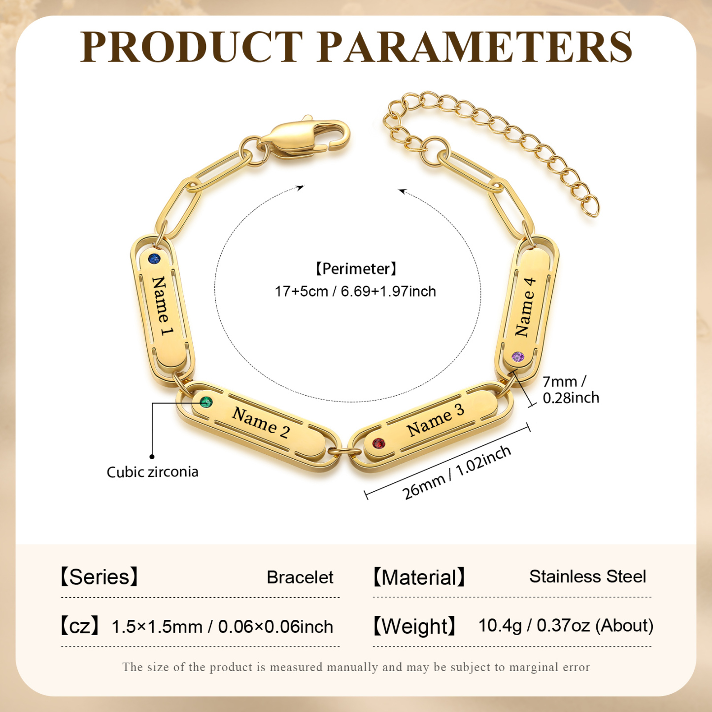 Personalized 4 Names and 4 Birthstones Bracelet Engraved Charm Bracelet with a Dainty Paperclip Chain Elegant Engraved Gift for Her