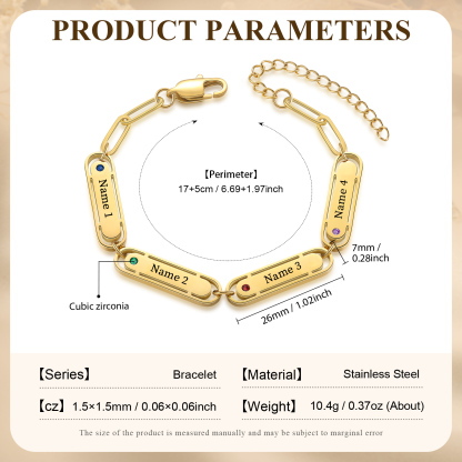 Personalized 4 Names and 4 Birthstones Bracelet Engraved Charm Bracelet with a Dainty Paperclip Chain Elegant Engraved Gift for Her