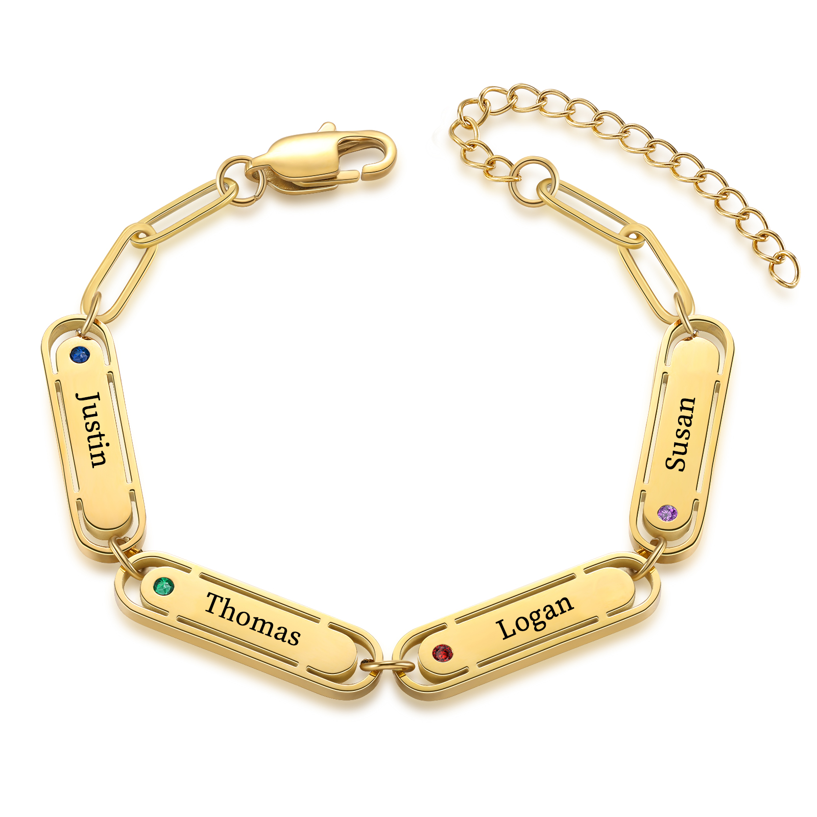 Personalized 4 Names and 4 Birthstones Bracelet Engraved Charm Bracelet with a Dainty Paperclip Chain Elegant Engraved Gift for Her