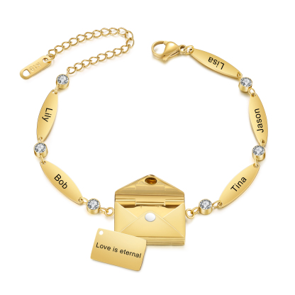 Stainless Steel 18K Gold Bracelet Custom 1-5 Names Envelope Pendant Love You Gift for Her