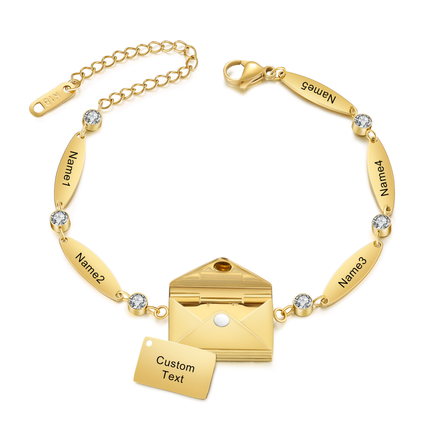 Stainless Steel 18K Gold Bracelet Custom 1-5 Names Envelope Pendant Love You Gift for Her