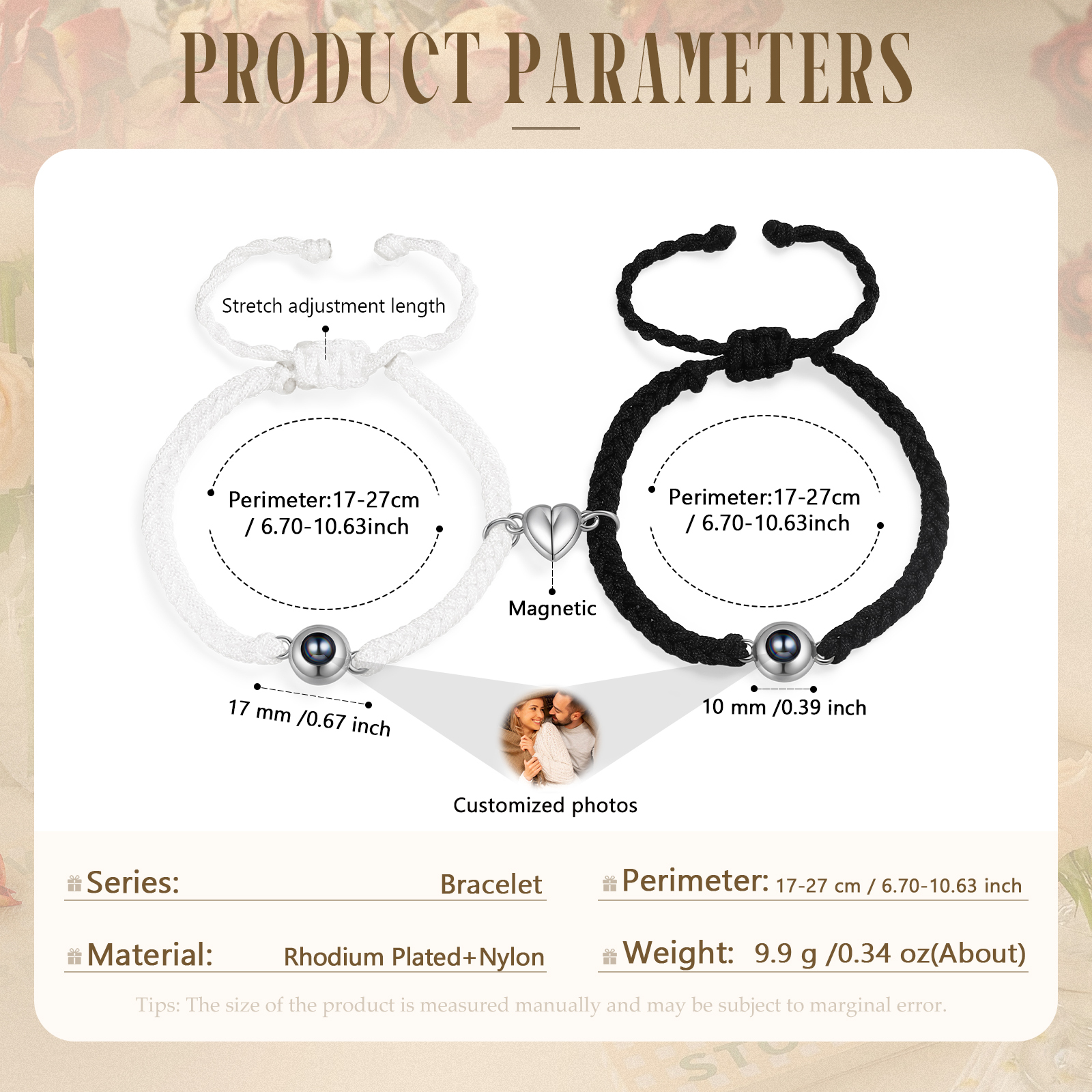 Personalized Magnetic Projection Bracelet Adjustable Rope Jewelry Gift for Couples