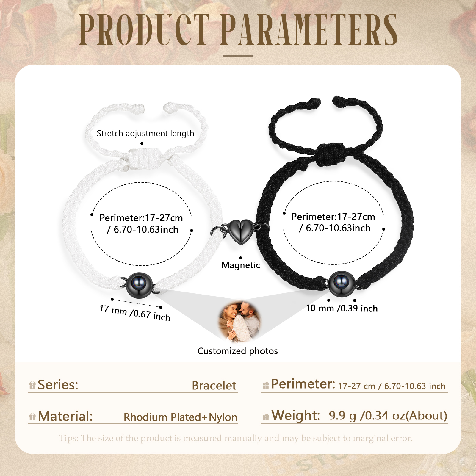 Personalized Magnetic Projection Bracelet Adjustable Rope Jewelry Gift for Couples