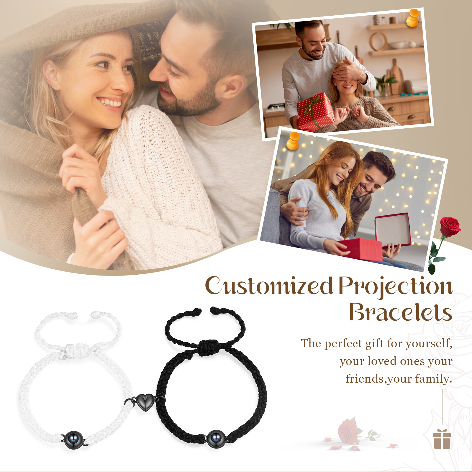 Personalized Magnetic Projection Bracelet Adjustable Rope Jewelry Gift for Couples