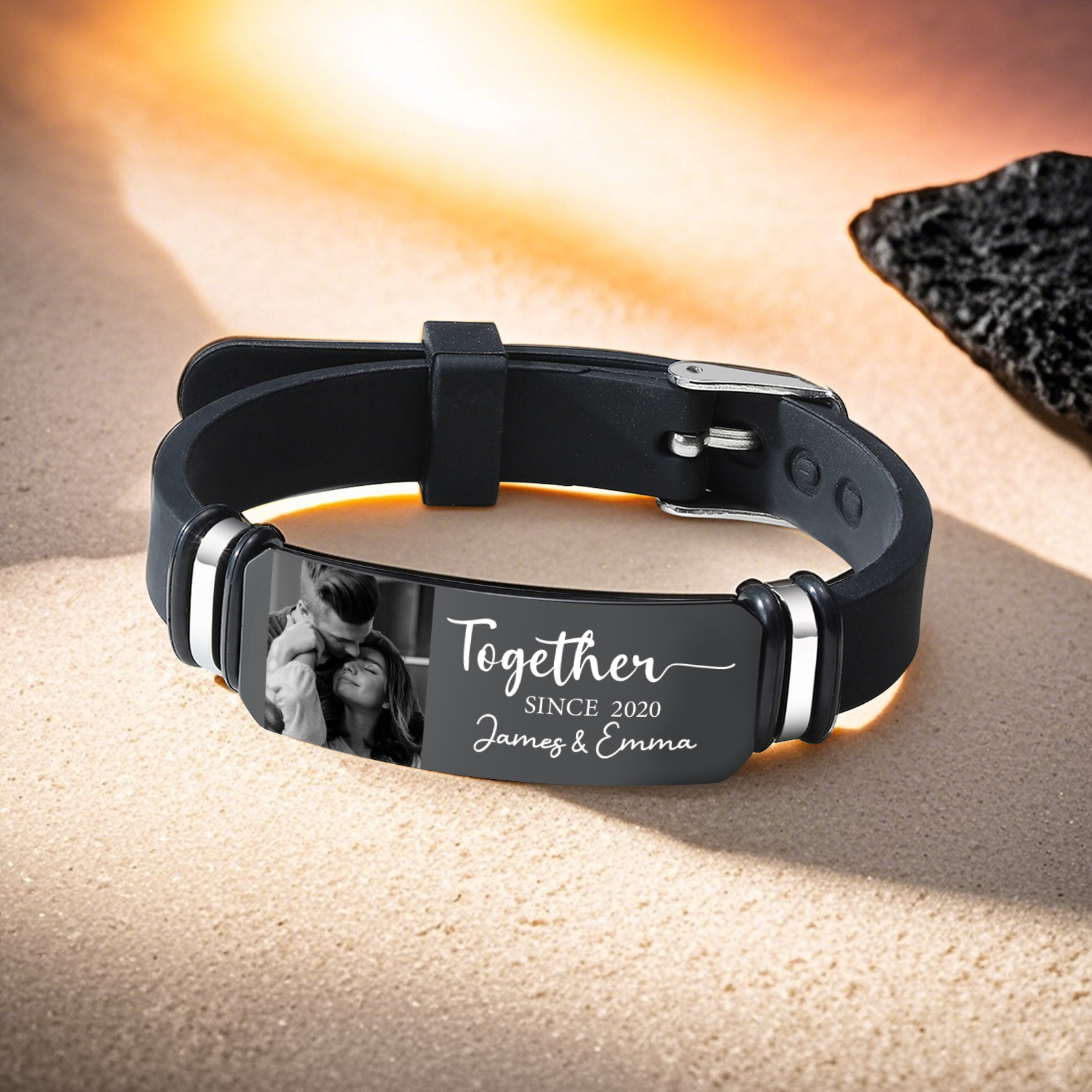 Personalized Mens Bracelet Together Since Custom 1 Photo 1 Year and 1 Text Gift for Couple