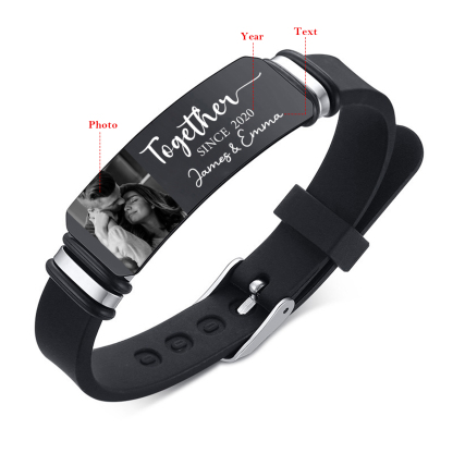 Personalized Mens Bracelet Together Since Custom 1 Photo 1 Year and 1 Text Gift for Couple