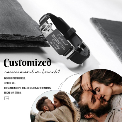 Personalized Mens Bracelet To My Husband Never Forget I Love You Custom 1 Photo and 1 Text Gift for Him
