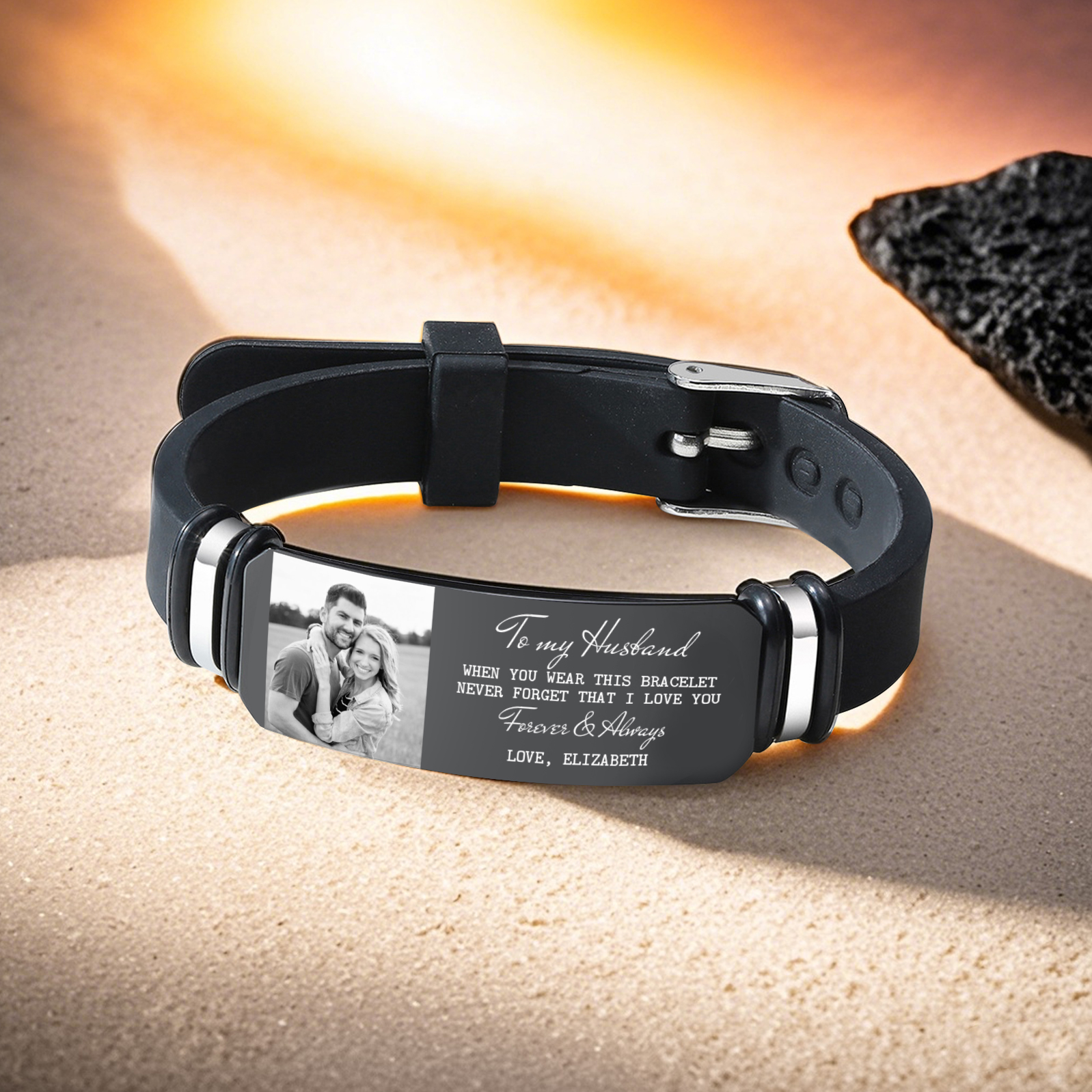 Personalized Mens Bracelet To My Husband Never Forget I Love You Custom 1 Photo and 1 Text Gift for Him
