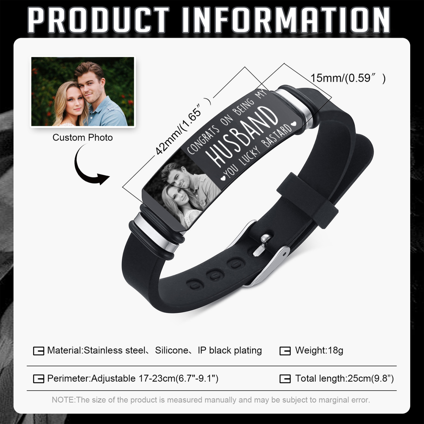 Personalized Mens Bracelet Congrats on Being My Husband You Lucky Bastard Custom 1 Photo Gift for Him