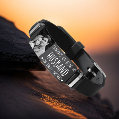 Personalized Mens Bracelet Congrats on Being My Husband You Lucky Bastard Custom 1 Photo Gift for Him