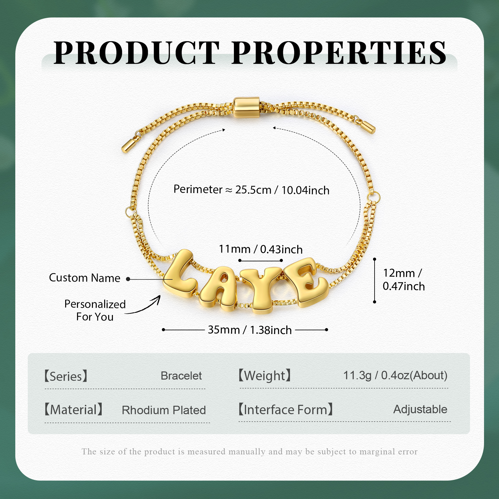 Personalized 3D Name Bracelet Custom Adjustable 4 Letter Gift for Her