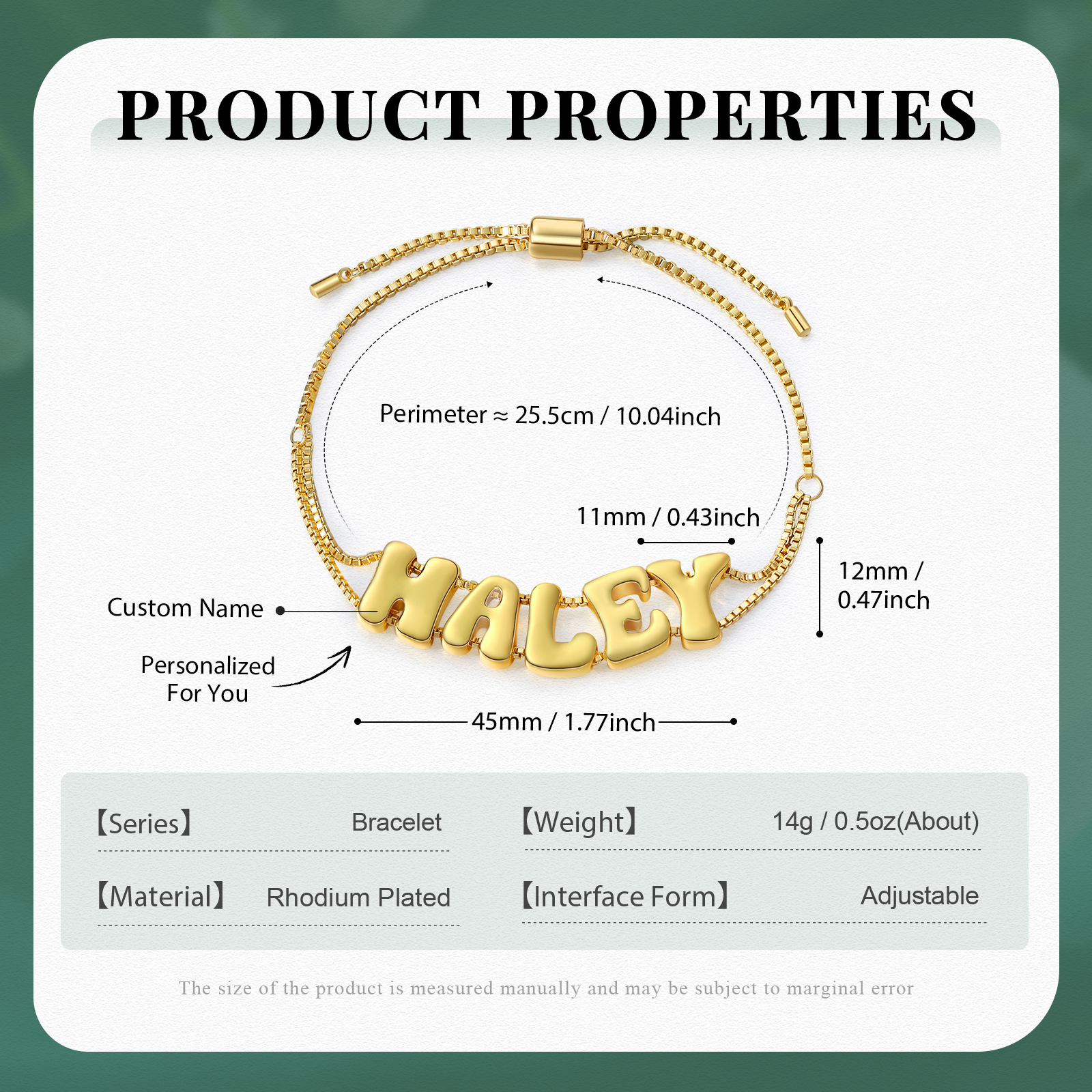 Personalized 3D Name Bracelet Custom Adjustable 5 Letter Gift for Her