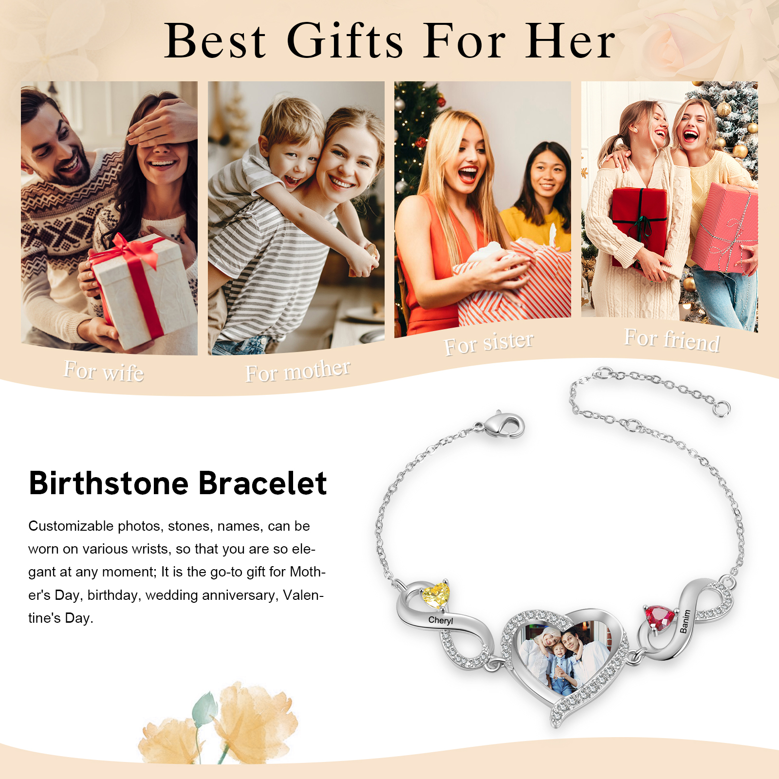 2 Birthstones & Names & Photo - Personalized Birthstone Beautiful Bracelet Gift for Mom