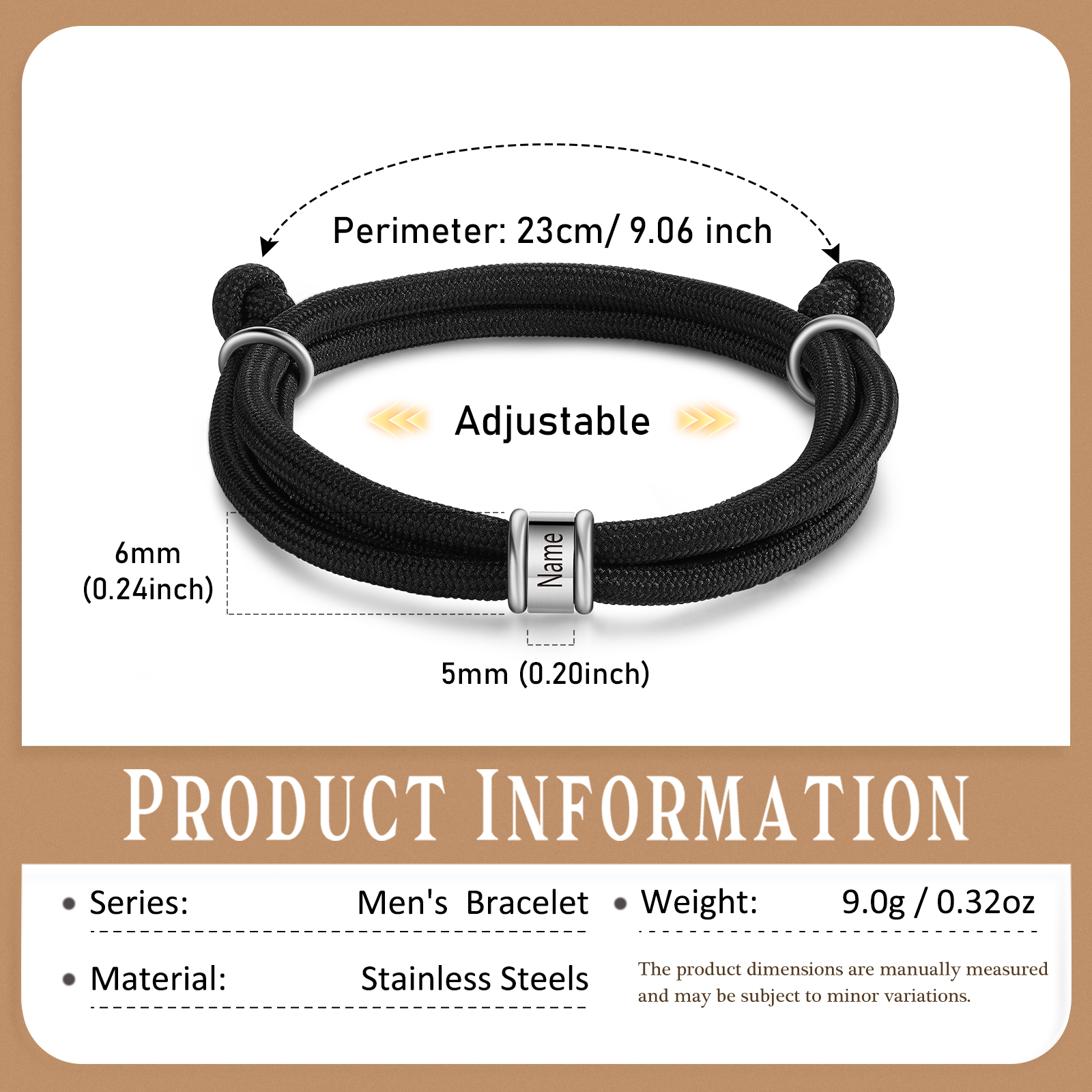 Personalized Men's Bracelet – Adjustable Rope with Custom Name Beads | Lorajewel