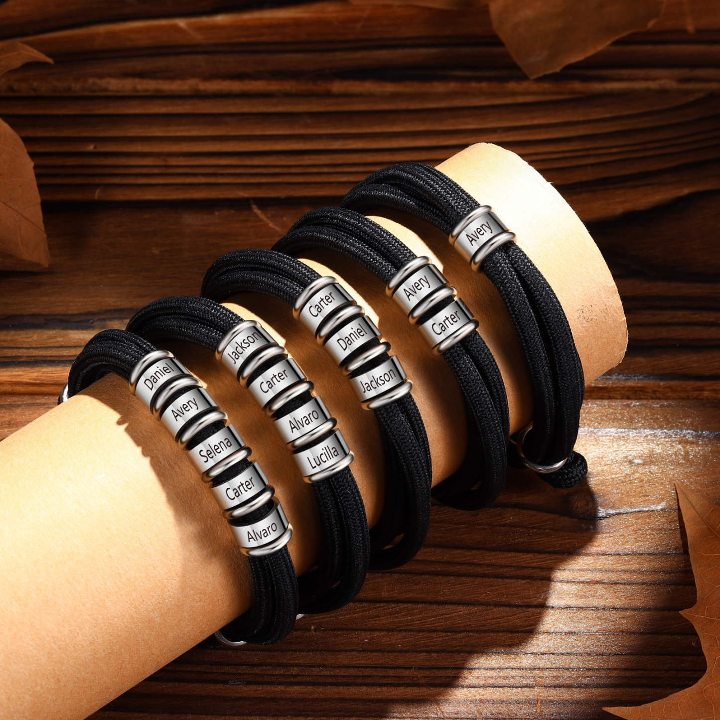 5 Names Personalized Men's Bracelet – Adjustable Rope with Custom Name Beads | Lorajewel