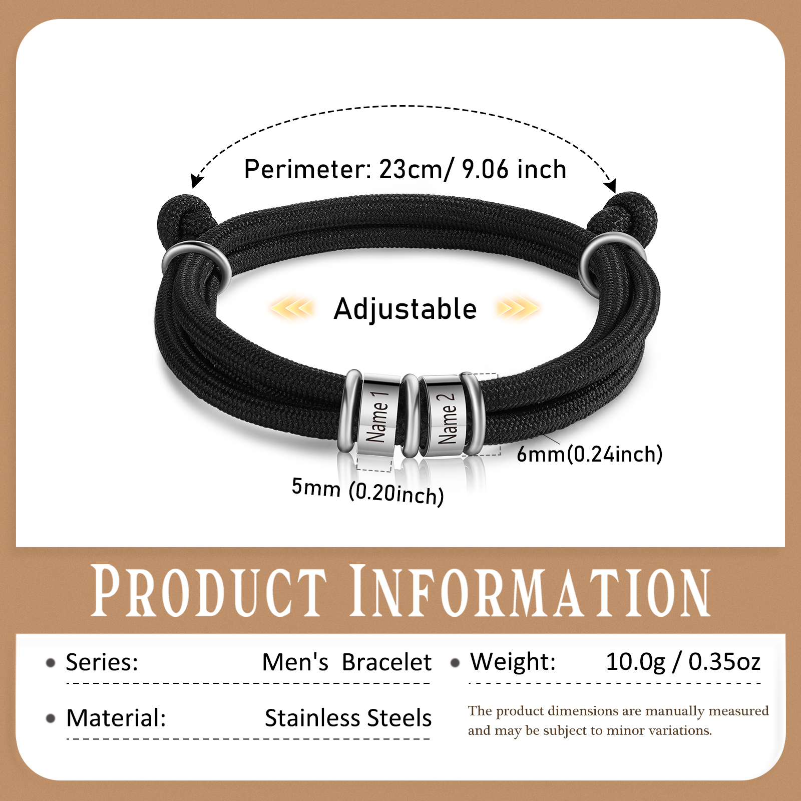 2 Names Personalized Men's Bracelet – Adjustable Rope with Custom Name Beads | Lorajewel