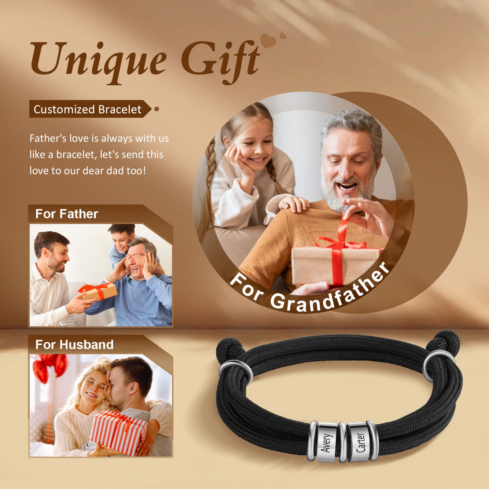 2 Names Personalized Men's Bracelet – Adjustable Rope with Custom Name Beads | Lorajewel