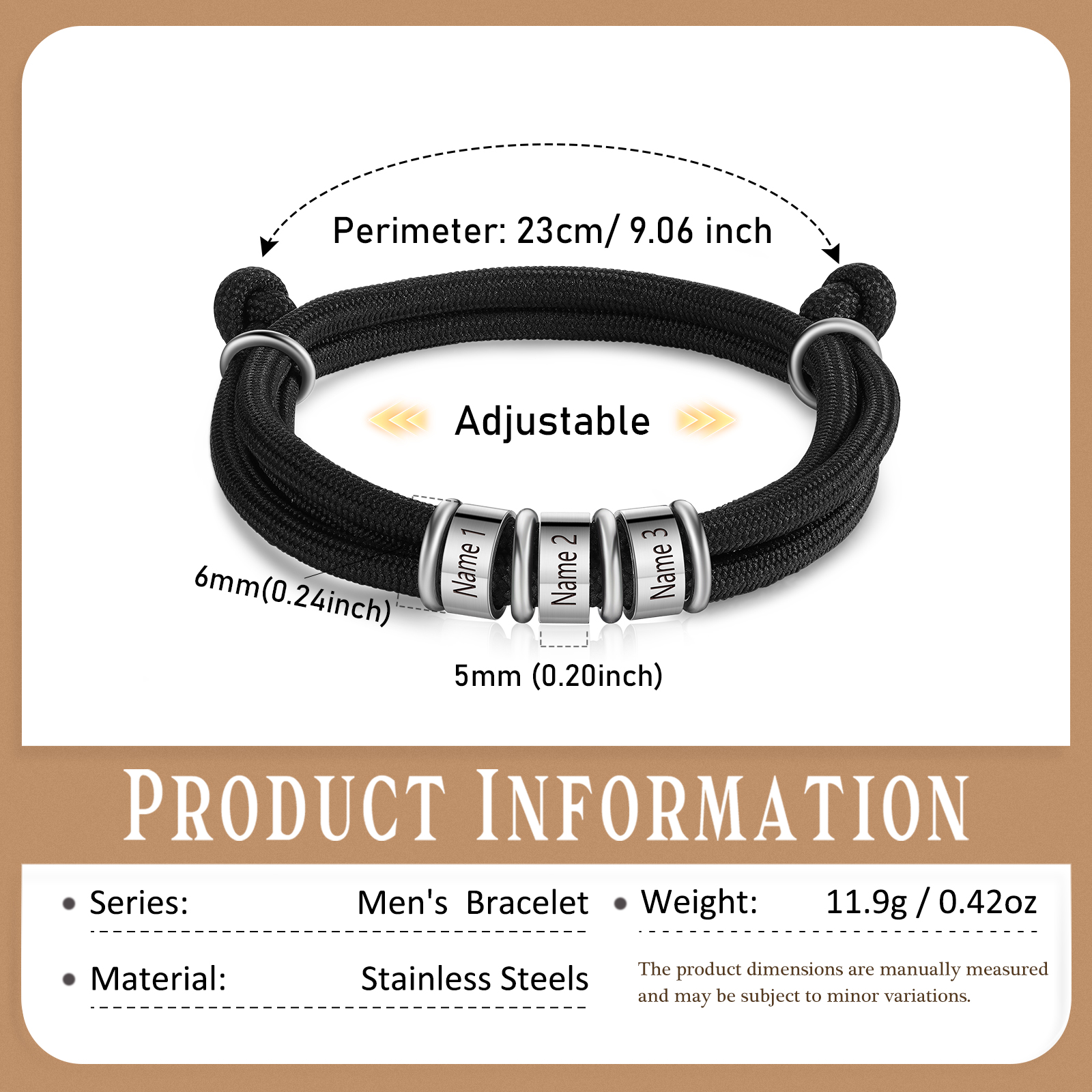 3 Names Personalized Men's Bracelet – Adjustable Rope with Custom Name Beads | Lorajewel
