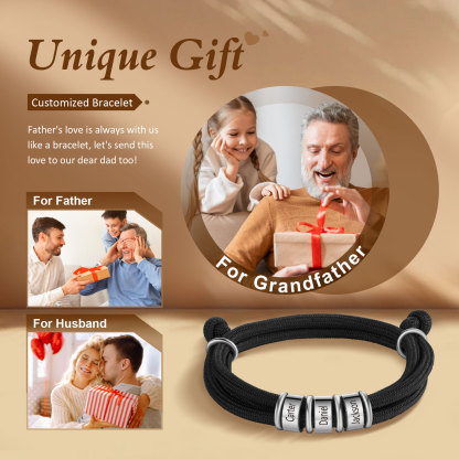 3 Names Personalized Men's Bracelet – Adjustable Rope with Custom Name Beads | Lorajewel
