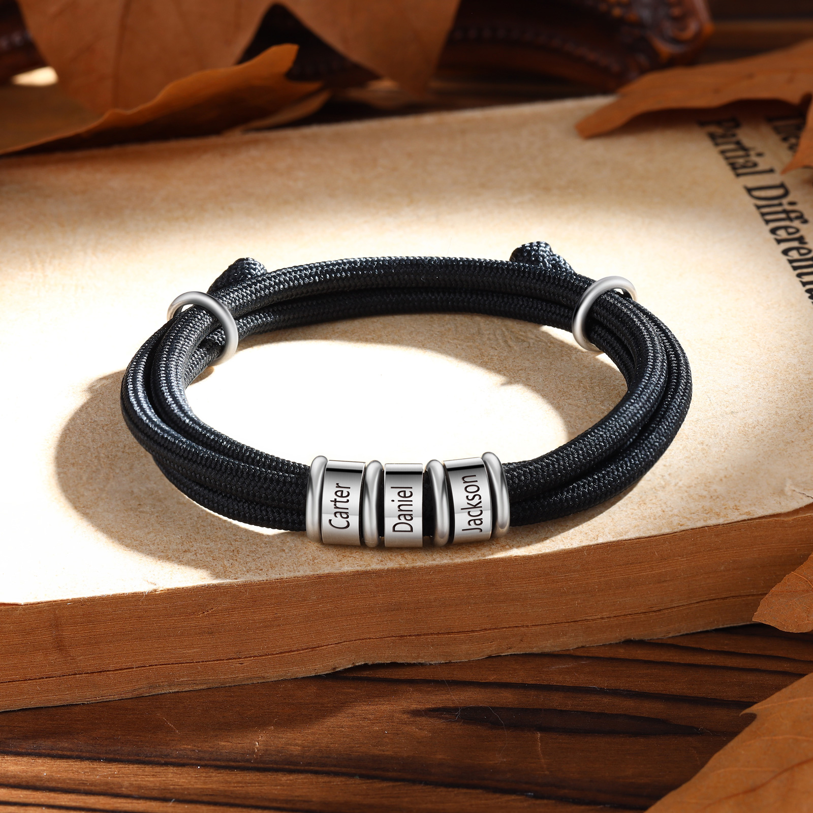 3 Names Personalized Men's Bracelet – Adjustable Rope with Custom Name Beads | Lorajewel