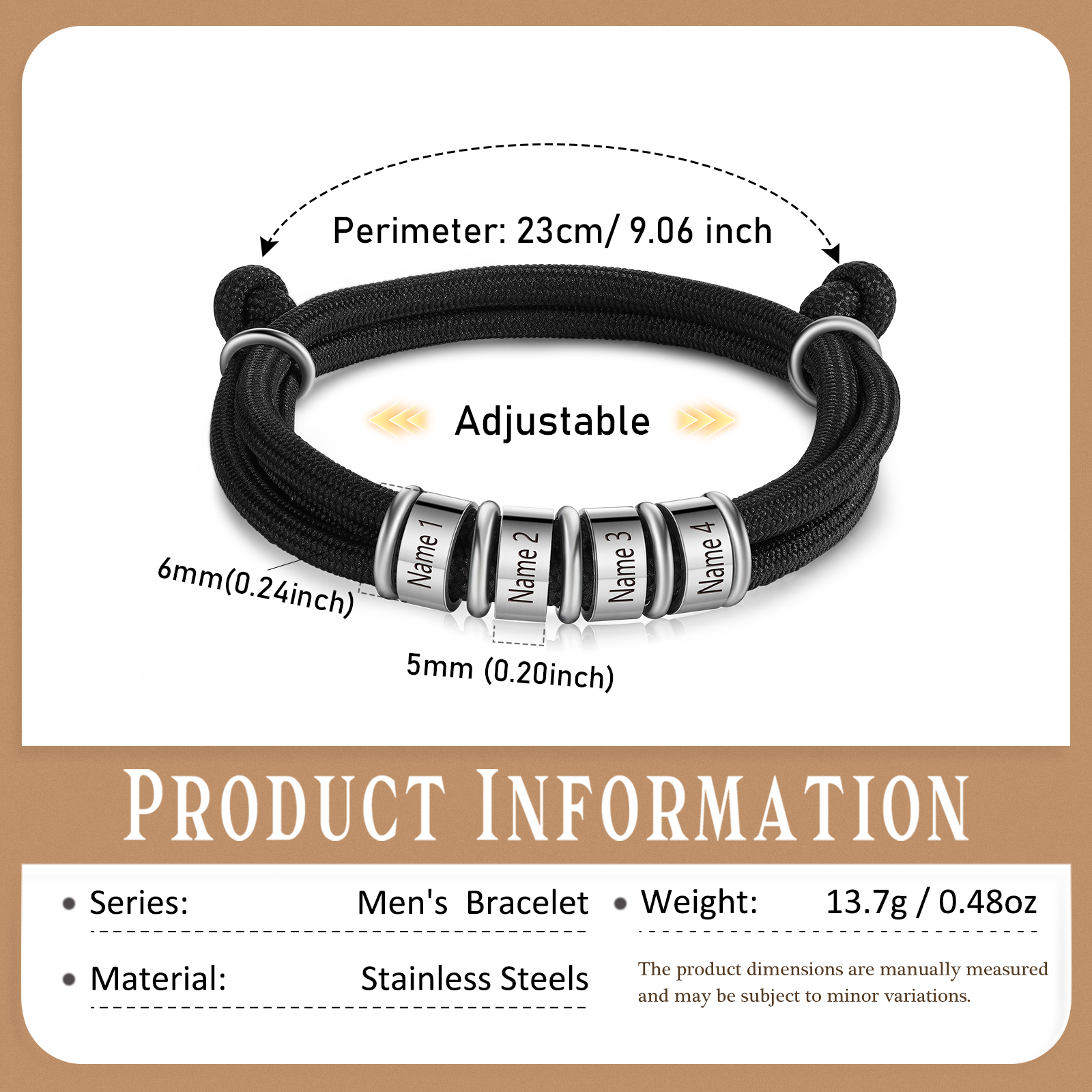 4 Names Personalized Men's Bracelet – Adjustable Rope with Custom Name Beads | Lorajewel