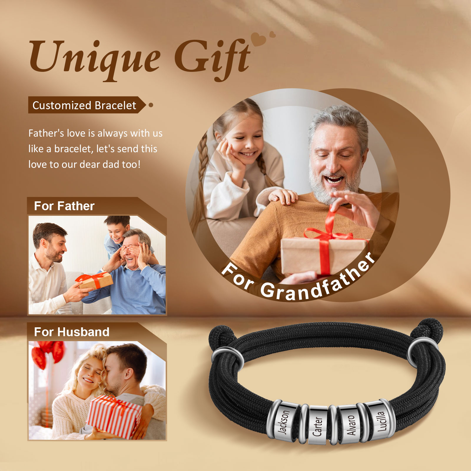 4 Names Personalized Men's Bracelet – Adjustable Rope with Custom Name Beads | Lorajewel