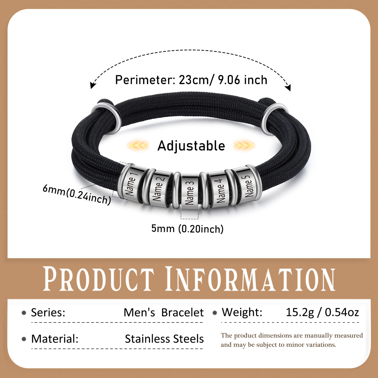 5 Names Personalized Men's Bracelet – Adjustable Rope with Custom Name Beads | Lorajewel