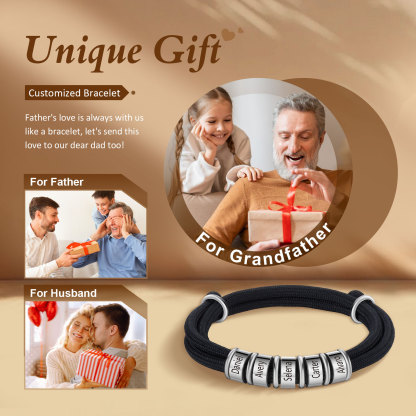 5 Names Personalized Men's Bracelet – Adjustable Rope with Custom Name Beads | Lorajewel