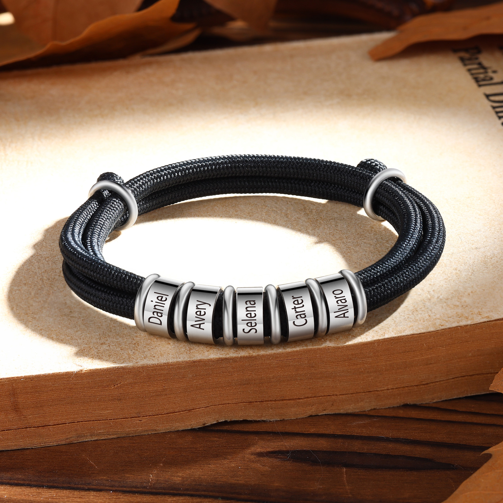 5 Names Personalized Men's Bracelet – Adjustable Rope with Custom Name Beads | Lorajewel
