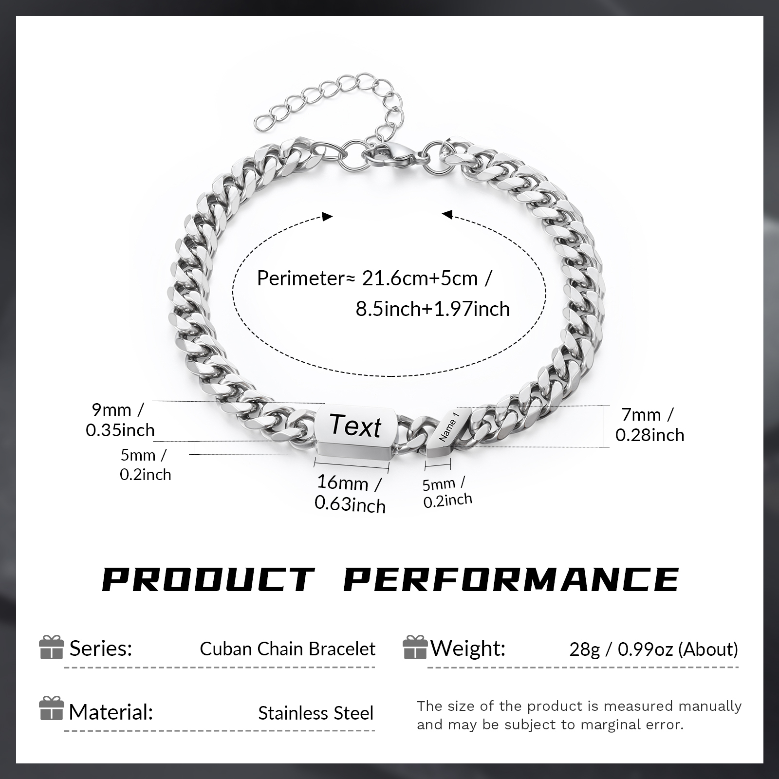 Personalised Cuban Chain Bracelet, Custom Text & 1 Name Engraved Gift for Men | Jessemade