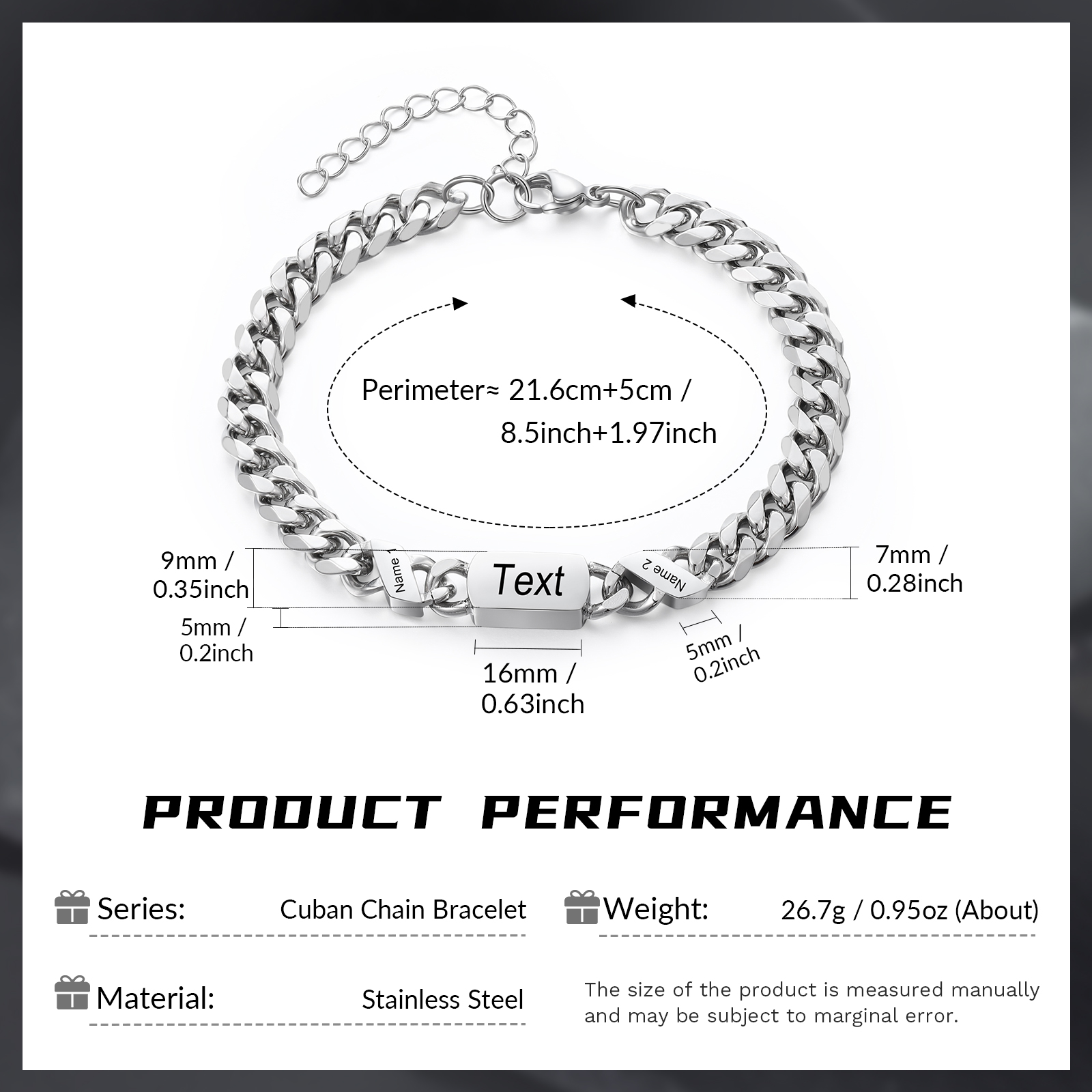 Personalised Cuban Chain Bracelet, Custom Text & 2 Names Engraved Gift for Men | Jessemade