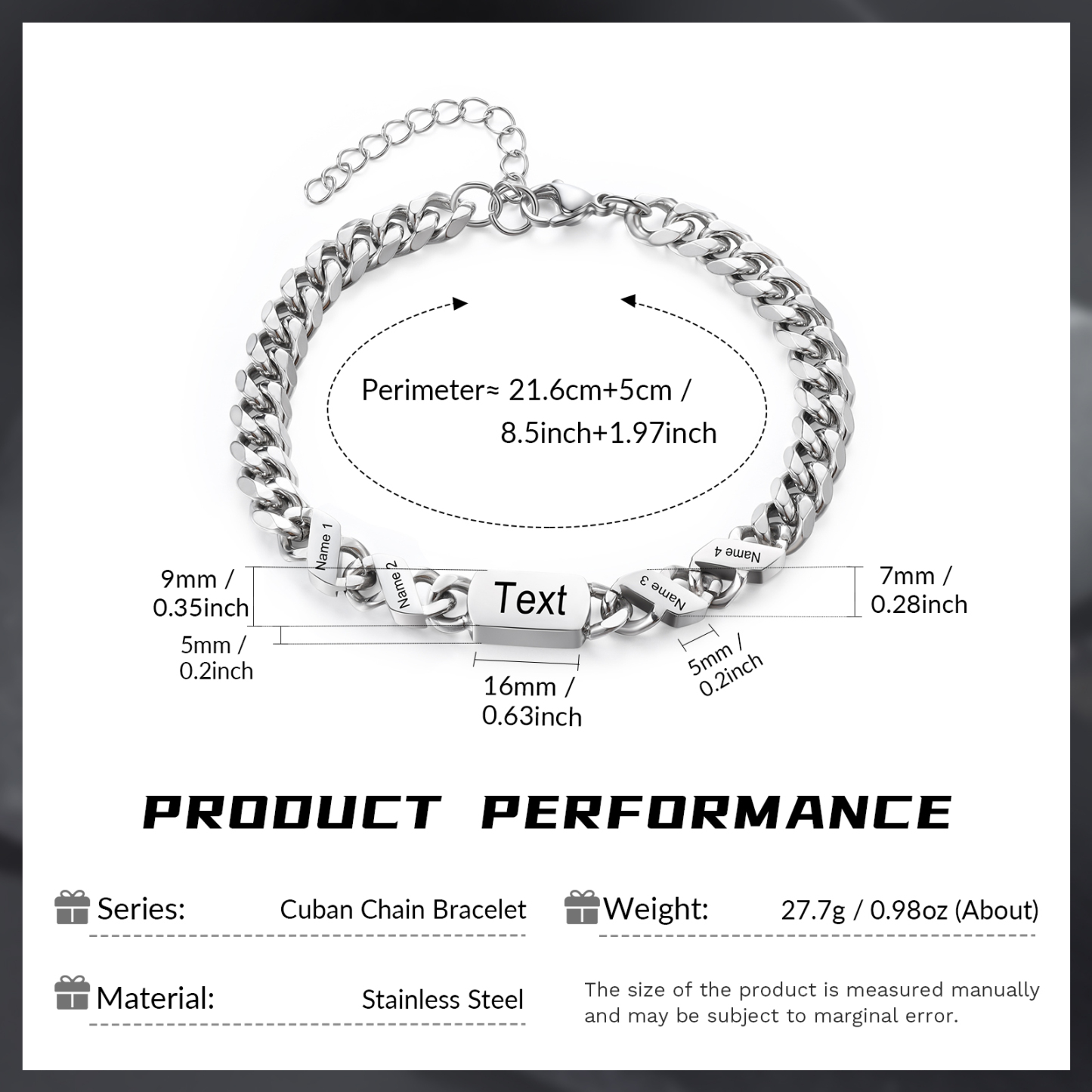 Personalised Cuban Chain Bracelet, Custom Text & 4 Names Engraved Gift for Men | Jessemade