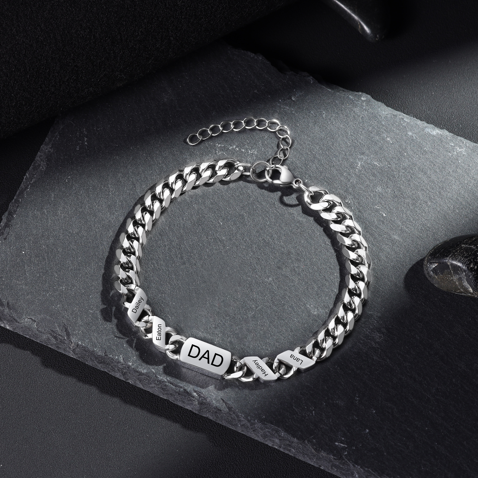 Personalised Cuban Chain Bracelet, Custom Text & 4 Names Engraved Gift for Men | Jessemade